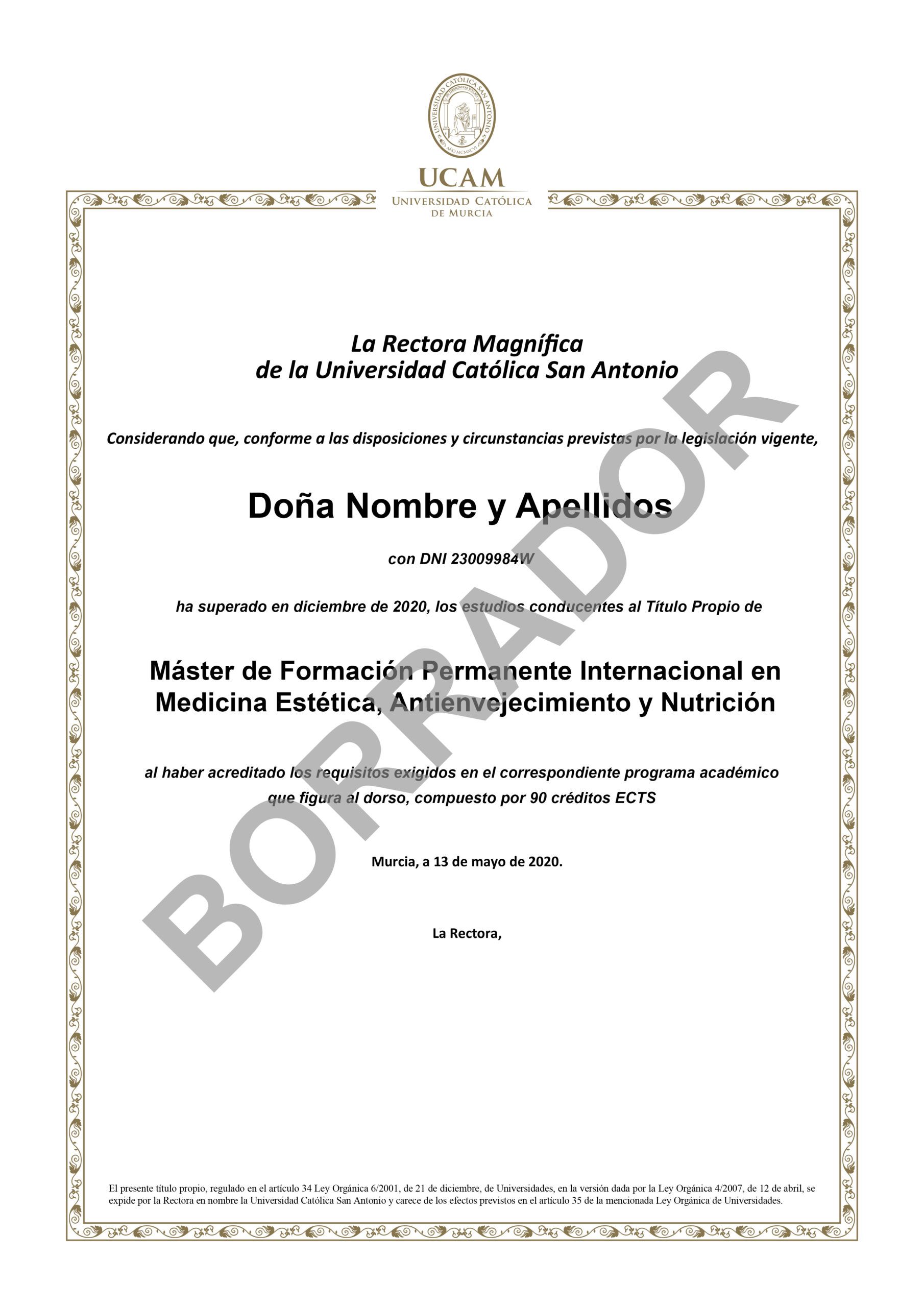Diploma Máster Estética semipresencial anverso Diploma Máster Estética semipresencial anverso