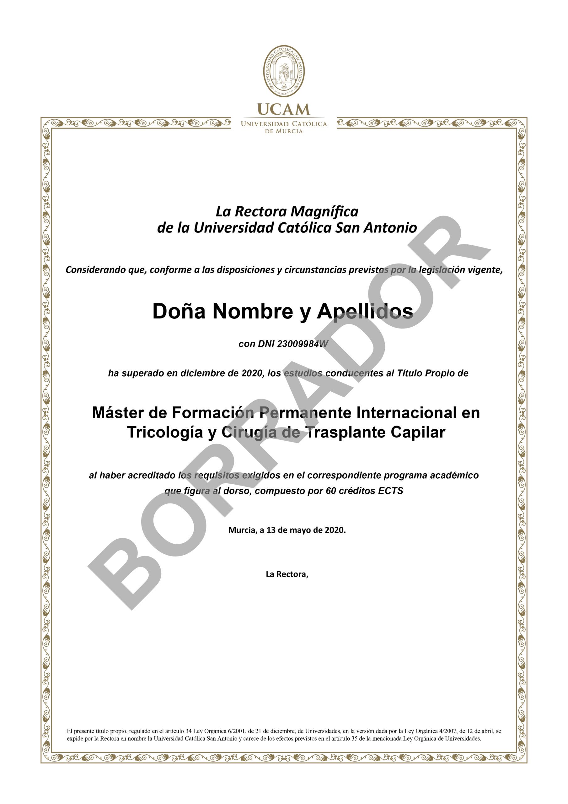 Diploma Máster Tricología online anverso Diploma Máster Tricología online anverso