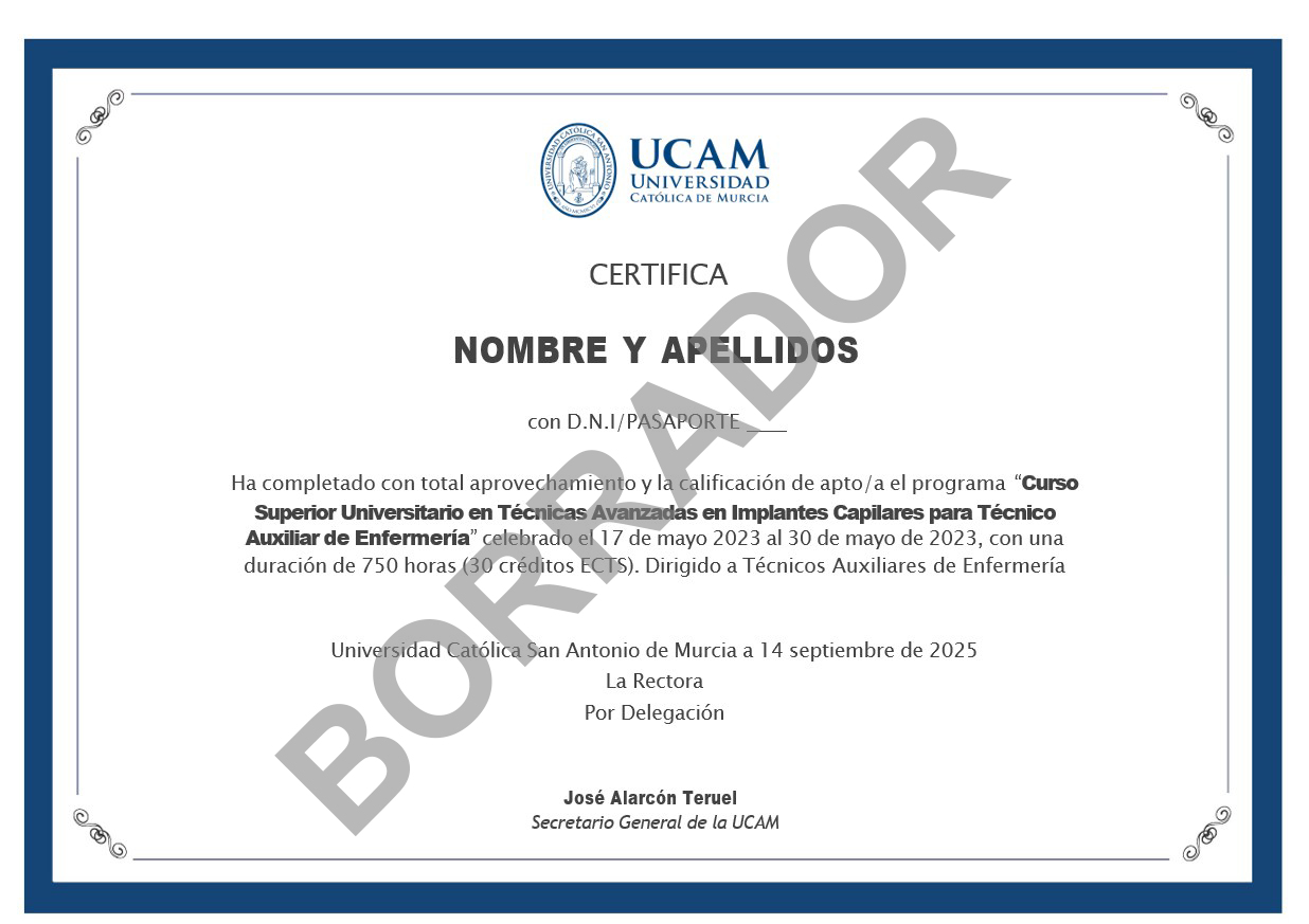Diploma Curso Superior Universitario de Técnicas Avanzadas en Implantes Capilares para Técnico Auxiliar (online) anverso Diploma Curso Superior Universitario de Técnicas Avanzadas en Implantes Capilares para Técnico Auxiliar (online) anverso