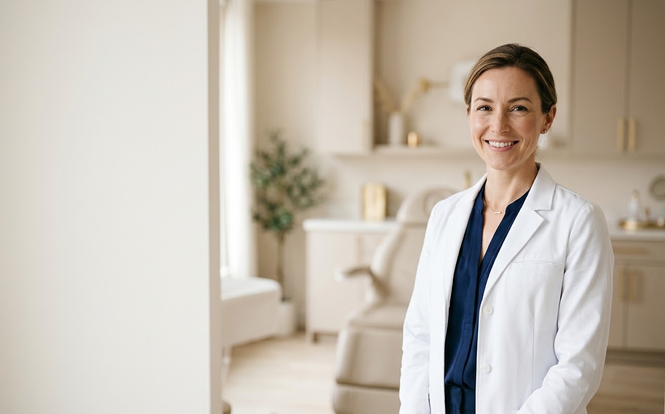 Médica estética con bata blanca en su consulta